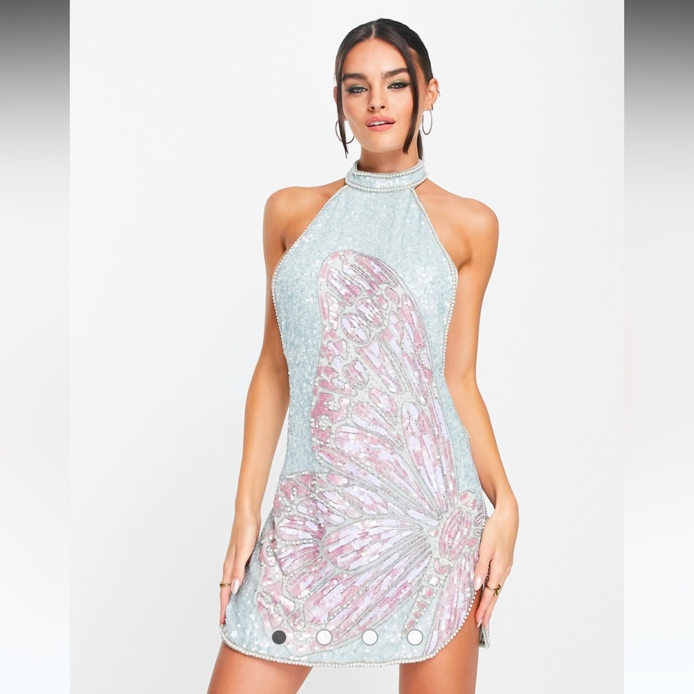 ASOS DESIGN halter mini dress with embellished butterfly artwork in blue